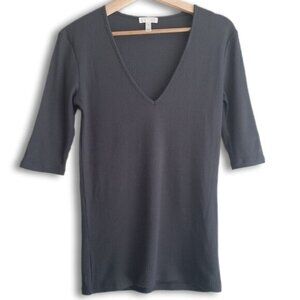 LEITH | Ribbed Fitted V-Neck Short Sleeve T-Shirt Gray Tee Sz S